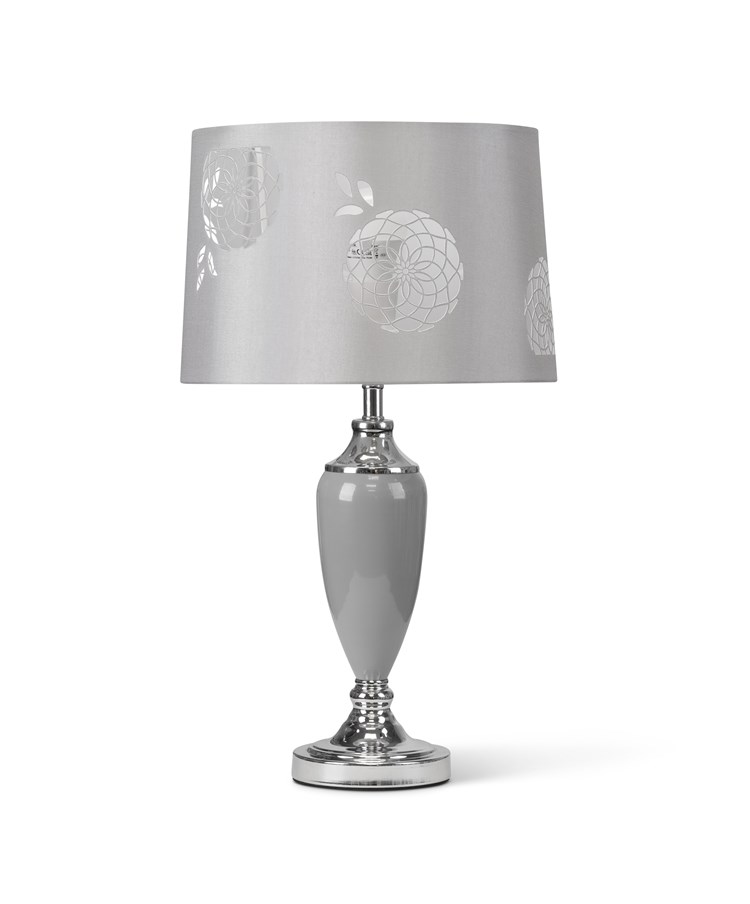 Malham Large Table Lamp with Lacy Bloom Stencil Shade - Modern Grey & Silver Malham Large Table Lamp with Lacy Bloom Stencil Shade - Modern Grey & Silver