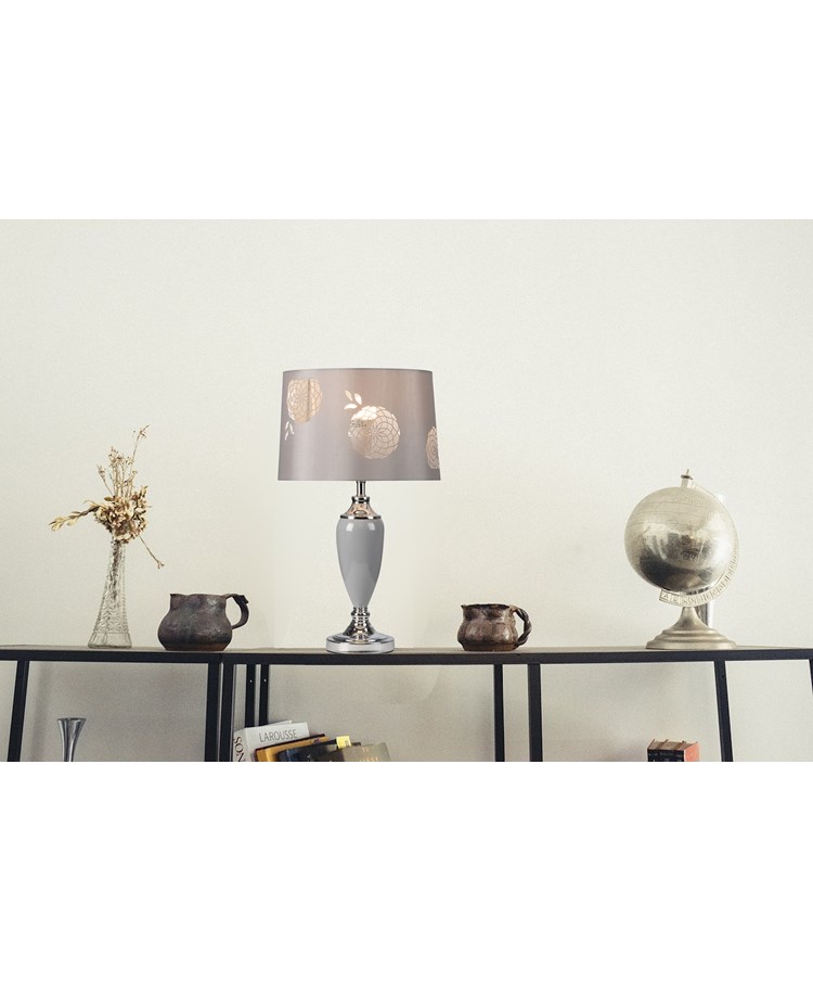 Malham Large Table Lamp with Lacy Bloom Stencil Shade - Modern Grey & Silver Malham Large Table Lamp with Lacy Bloom Stencil Shade - Modern Grey & Silver