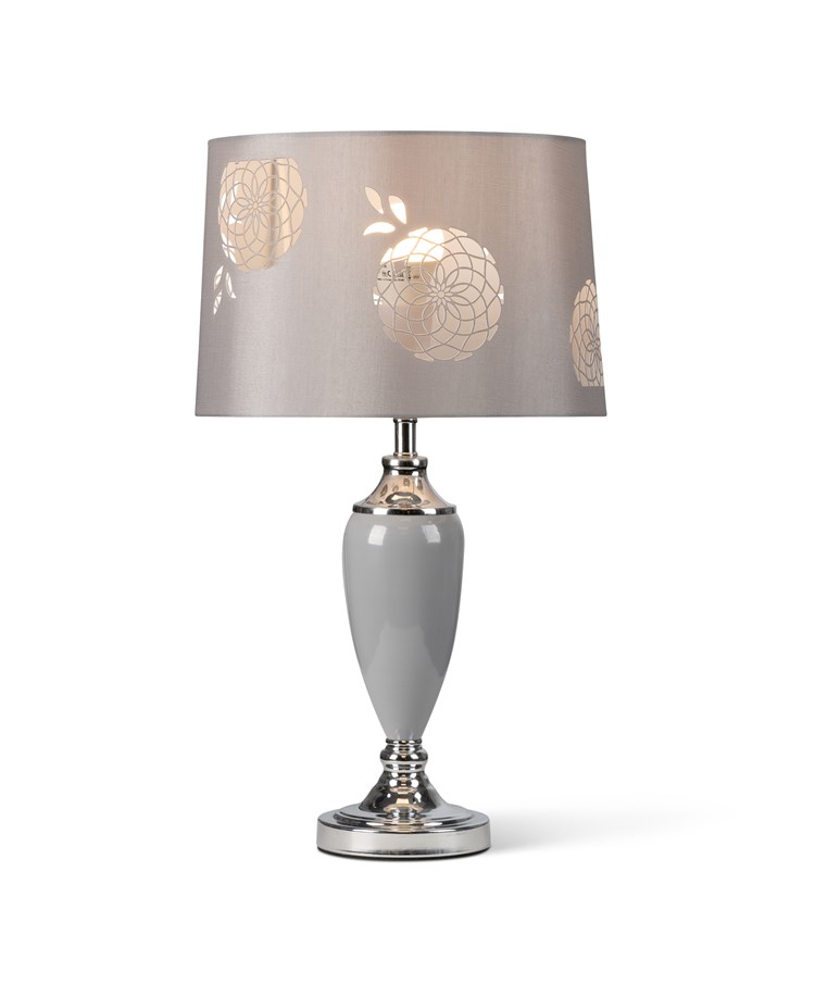 Malham Large Table Lamp with Lacy Bloom Stencil Shade - Modern Grey & Silver Malham Large Table Lamp with Lacy Bloom Stencil Shade - Modern Grey & Silver