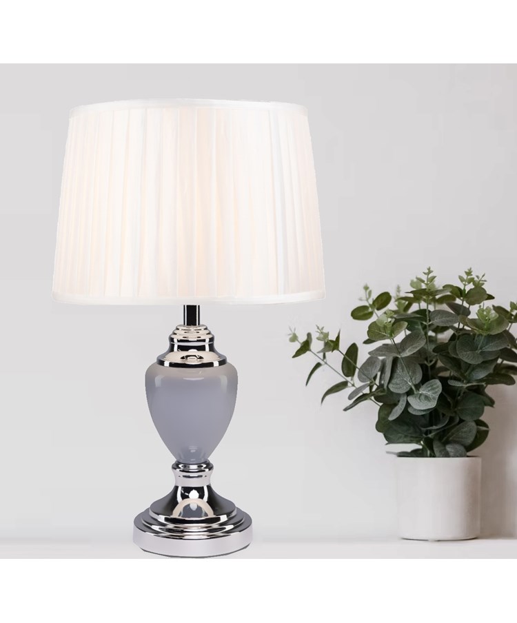Malham Grey Ceramic Table Lamp with Ivory Pleated Shade - Modern Grey & Silver Malham Grey Ceramic Table Lamp with Ivory Pleated Shade - Modern Grey & Silver