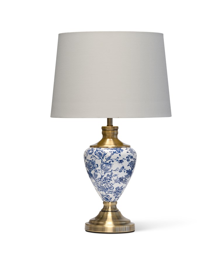 Hepburn Large Ceramic Table Lamp with White Gold Shade - Blue Print, Brass Hepburn Large Ceramic Table Lamp with White Gold Shade - Blue Print, Brass