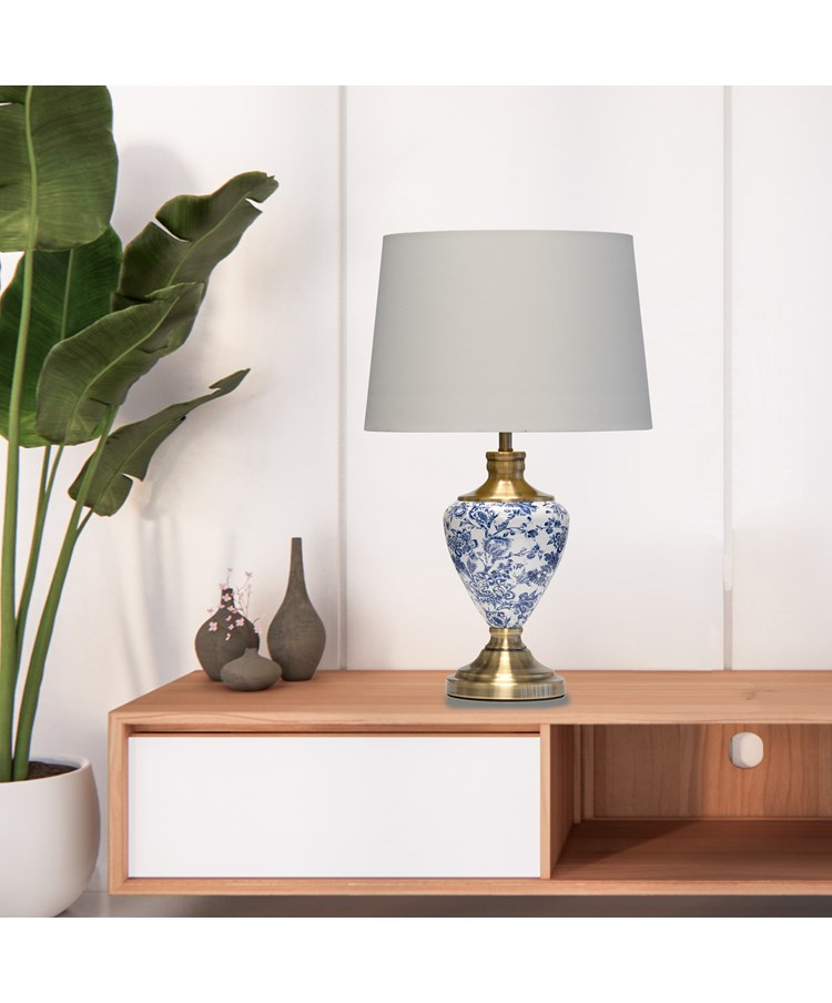 Hepburn Large Ceramic Table Lamp with White Gold Shade - Blue Print, Brass Hepburn Large Ceramic Table Lamp with White Gold Shade - Blue Print, Brass