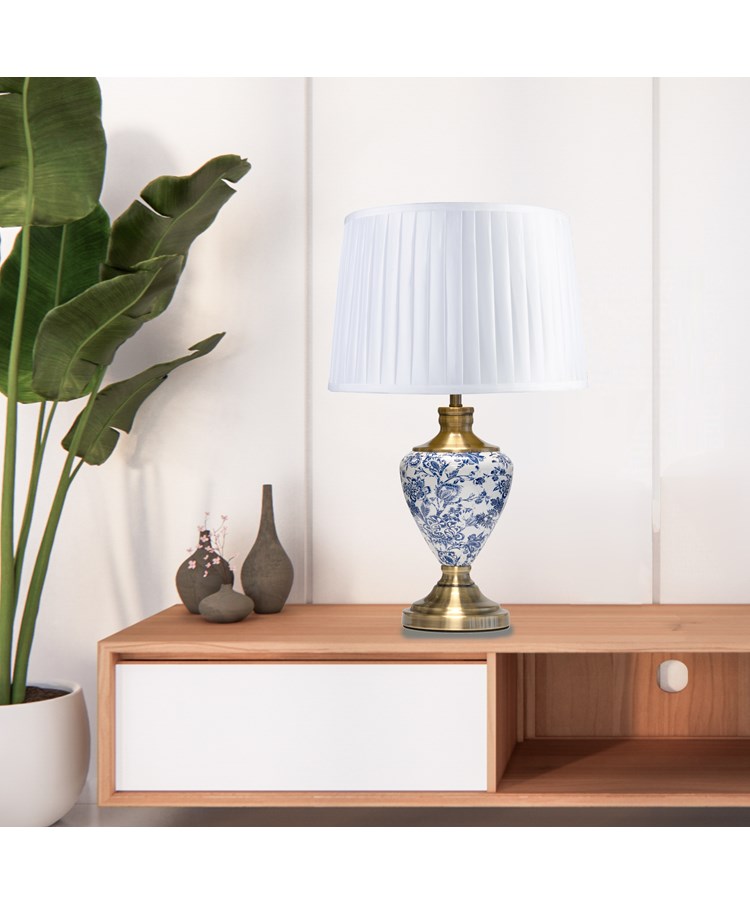 Hepburn Large Ceramic Table Lamp with Matching Shade - Modern White, Blue, Brass Hepburn Large Ceramic Table Lamp with Matching Shade - Modern White, Blue, Brass