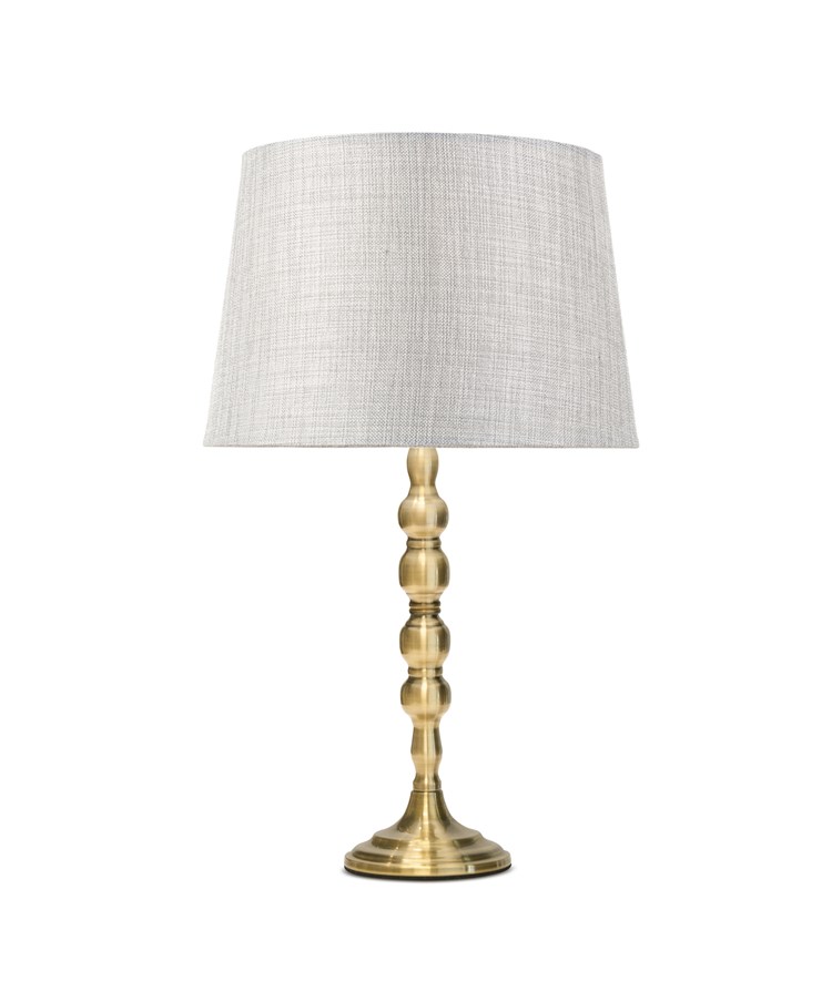 Bergen Slimline Antique Brass Candlestick Table Lamp with Grey Linen Shade Bergen Slimline Antique Brass Candlestick Table Lamp with Grey Linen Shade