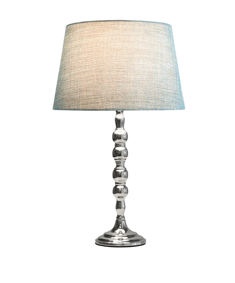 Bergen Slimline Silver Chrome Candlestick Table Lamp with Blue Gold Linen Shade Bergen Slimline Silver Chrome Candlestick Table Lamp with Blue Gold Linen Shade