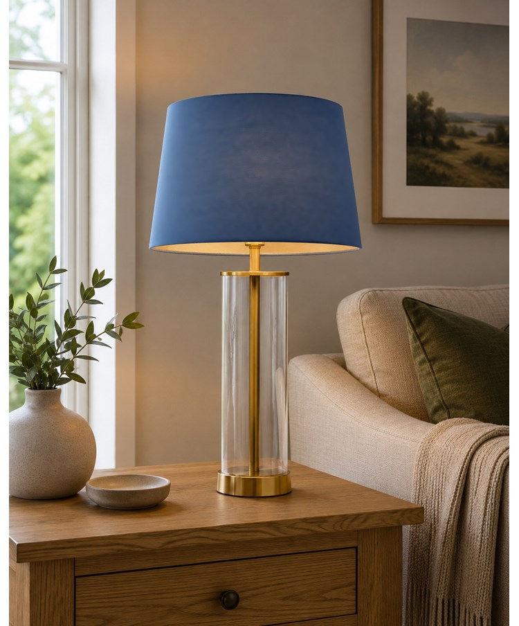 Arezo Gold Table Lamp with Blue Gold Lined Shade Arezo Gold Table Lamp with Blue Gold Lined Shade