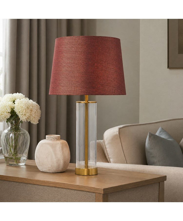 Arezo Gold Table Lamp with Red Gold Linen Shade Arezo Gold Table Lamp with Red Gold Linen Shade