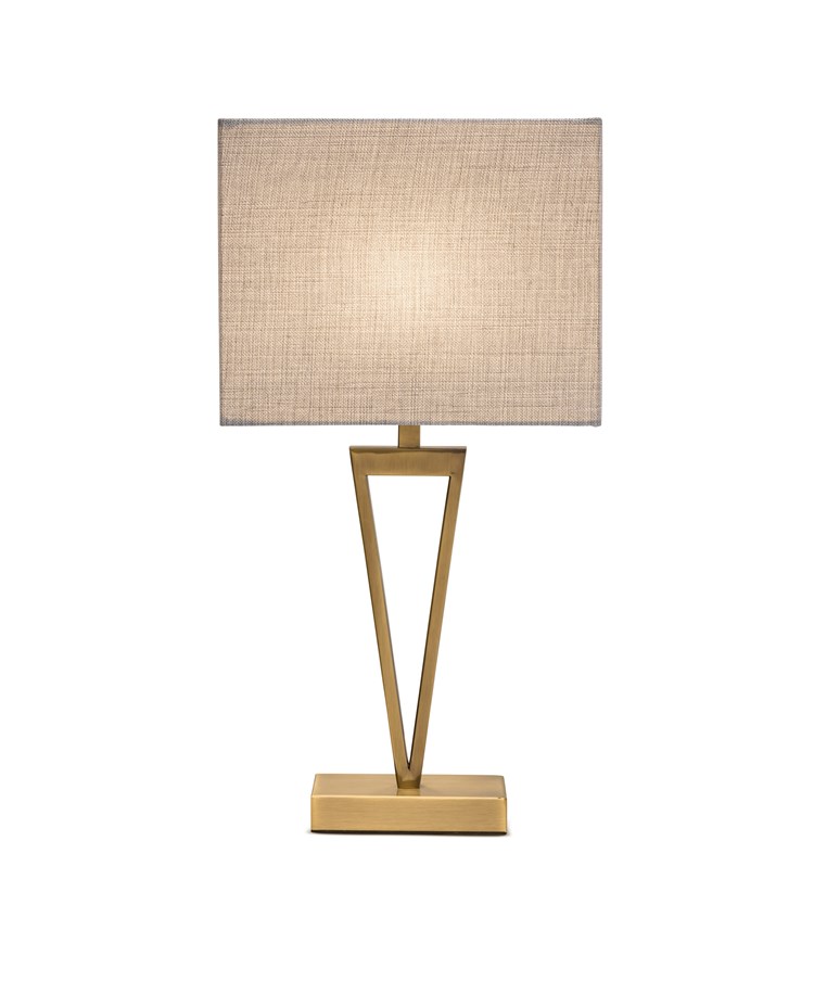V Design Antique Brass Slimline Table Lamp with Grey Linen Shade V Design Antique Brass Slimline Table Lamp with Grey Linen Shade