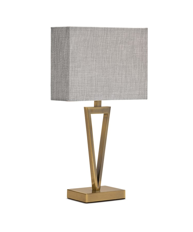 V Design Antique Brass Slimline Table Lamp with Grey Linen Shade V Design Antique Brass Slimline Table Lamp with Grey Linen Shade