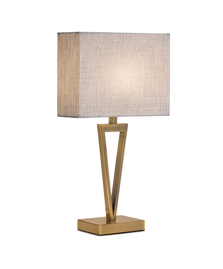 V Design Antique Brass Slimline Table Lamp with Grey Linen Shade V Design Antique Brass Slimline Table Lamp with Grey Linen Shade