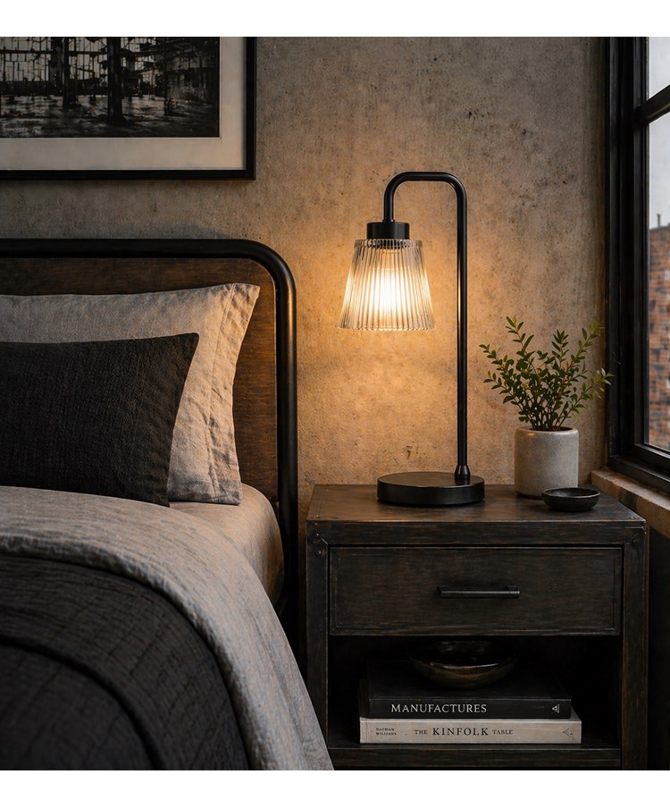 Black Arch Table Lamp with Mandalay Ribbed Clear Glass Shade Black Arch Table Lamp with Mandalay Ribbed Clear Glass Shade