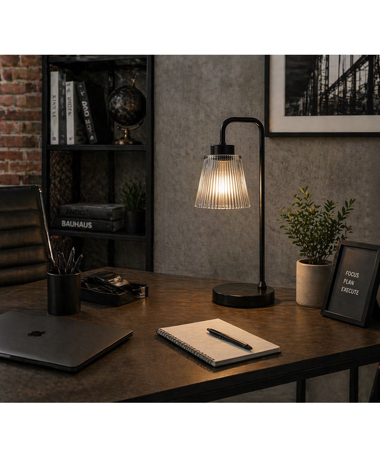 Black Arch Table Lamp with Mandalay Ribbed Clear Glass Shade