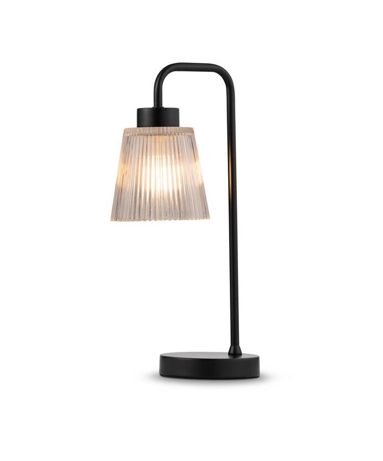 Black Arch Table Lamp with Mandalay Ribbed Clear Glass Shade Black Arch Table Lamp with Mandalay Ribbed Clear Glass Shade
