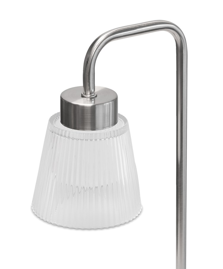 Silver Arch Table Lamp with Mandalay Ribbed Clear Glass Shade Silver Arch Table Lamp with Mandalay Ribbed Clear Glass Shade