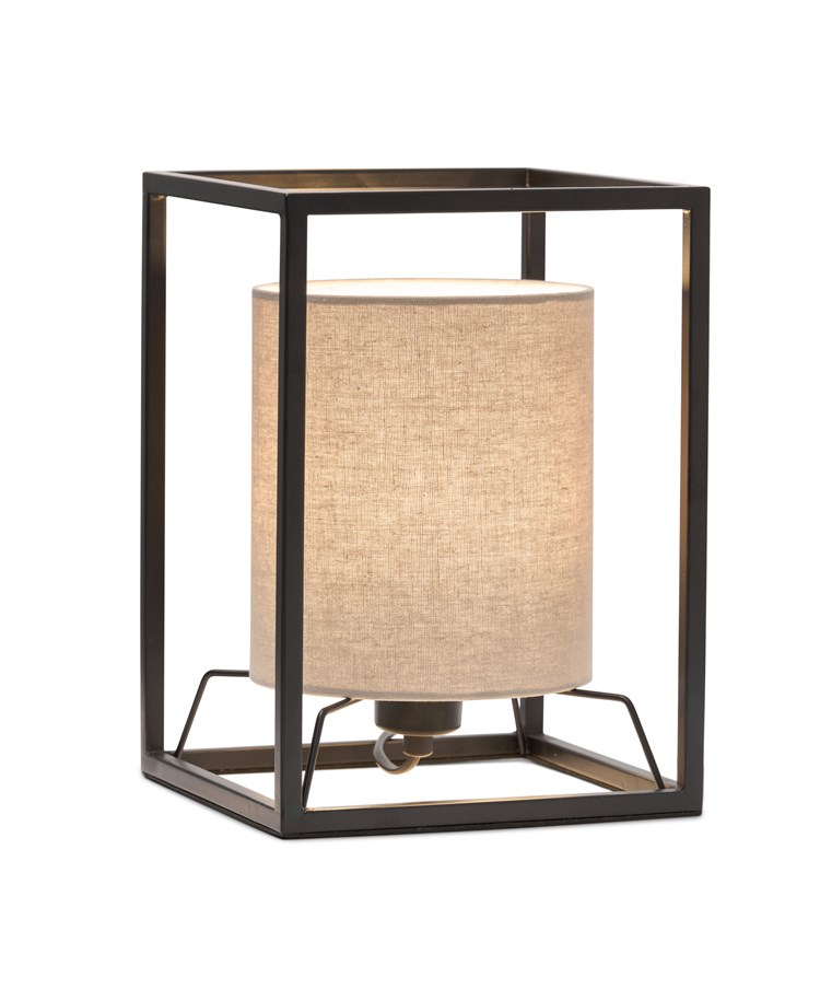 Chapel Matt Black Industrial Style Cage Table Lamp with Grey Linen Shade Chapel Matt Black Industrial Style Cage Table Lamp with Grey Linen Shade