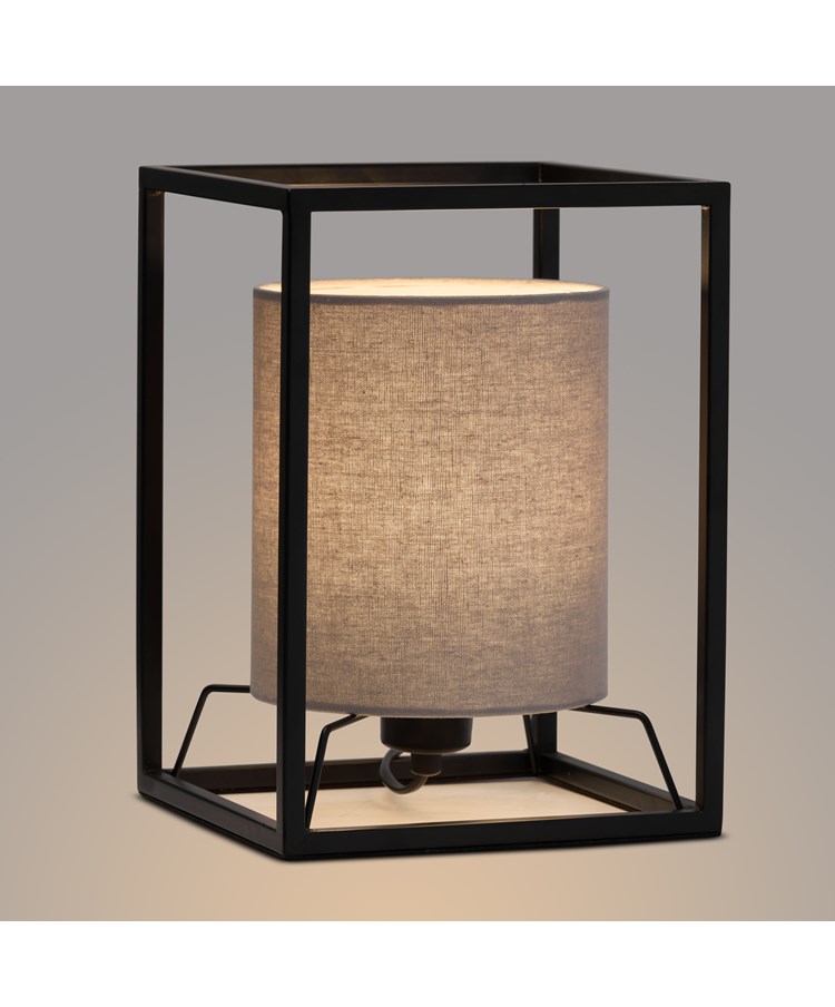 Chapel Matt Black Industrial Style Cage Table Lamp with Grey Linen Shade Chapel Matt Black Industrial Style Cage Table Lamp with Grey Linen Shade