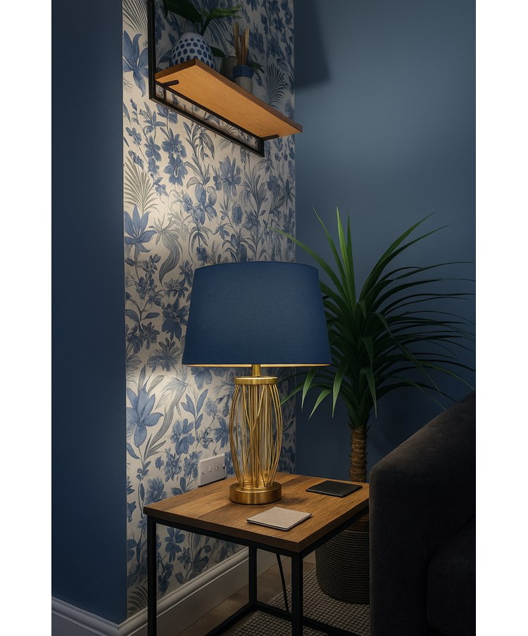 Ashleigh Antique Brass Amber Glass Table Lamp with Juniper Blue Shade Ashleigh Antique Brass Amber Glass Table Lamp with Juniper Blue Shade