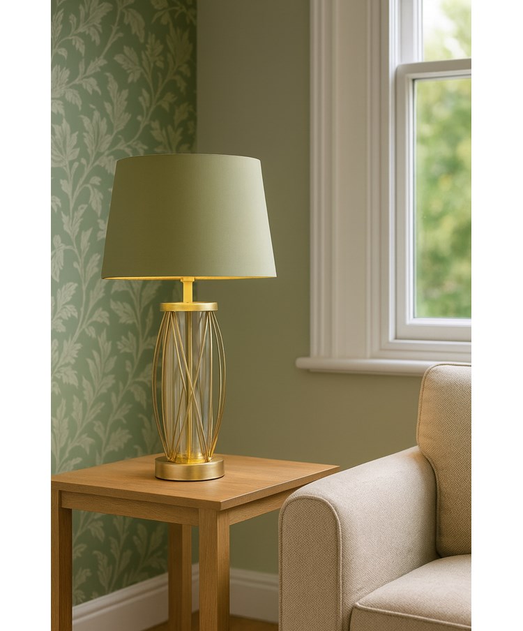 Ashleigh Antique Brass Amber Glass Table Lamp with Sage Green Ashleigh Antique Brass Amber Glass Table Lamp with Sage Green