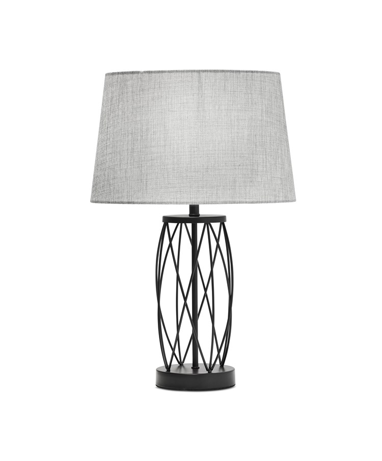 Ashleigh Black Metal Lattice Cylinder Lantern Table Lamp with Grey Linen Shade Ashleigh Black Metal Lattice Cylinder Lantern Table Lamp with Grey Linen Shade