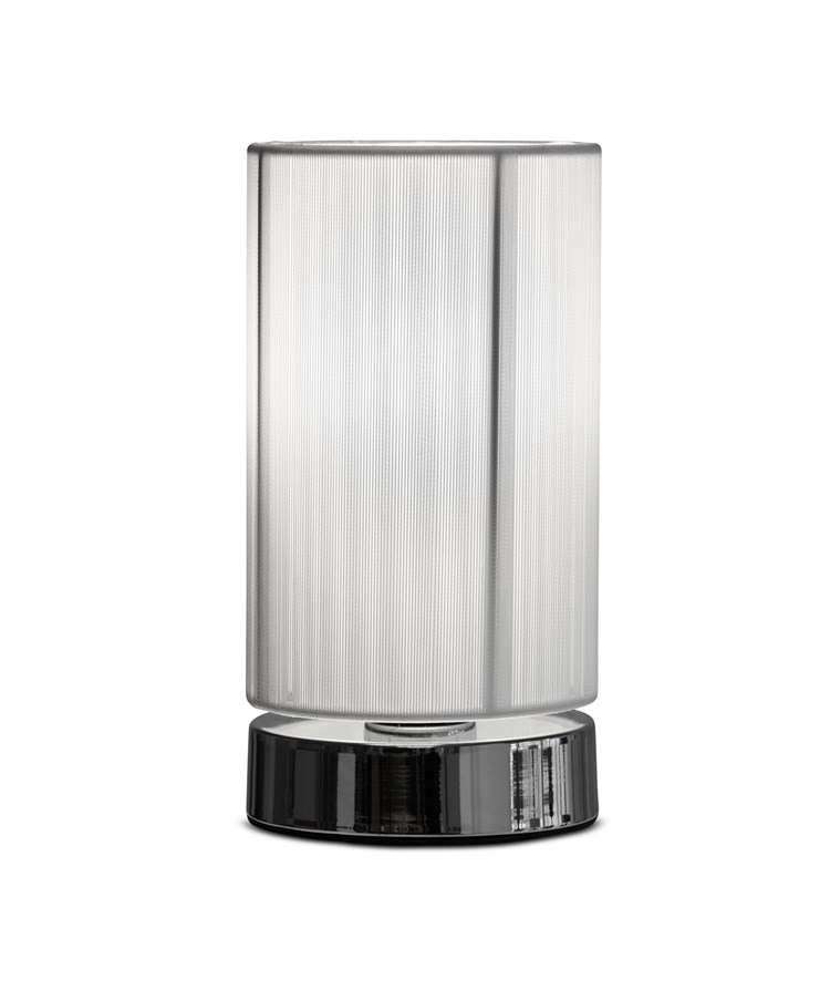 Opera Cylinder Chrome Plinth Table Lamp with White Silk String Shade Opera Cylinder Chrome Plinth Table Lamp with White Silk String Shade