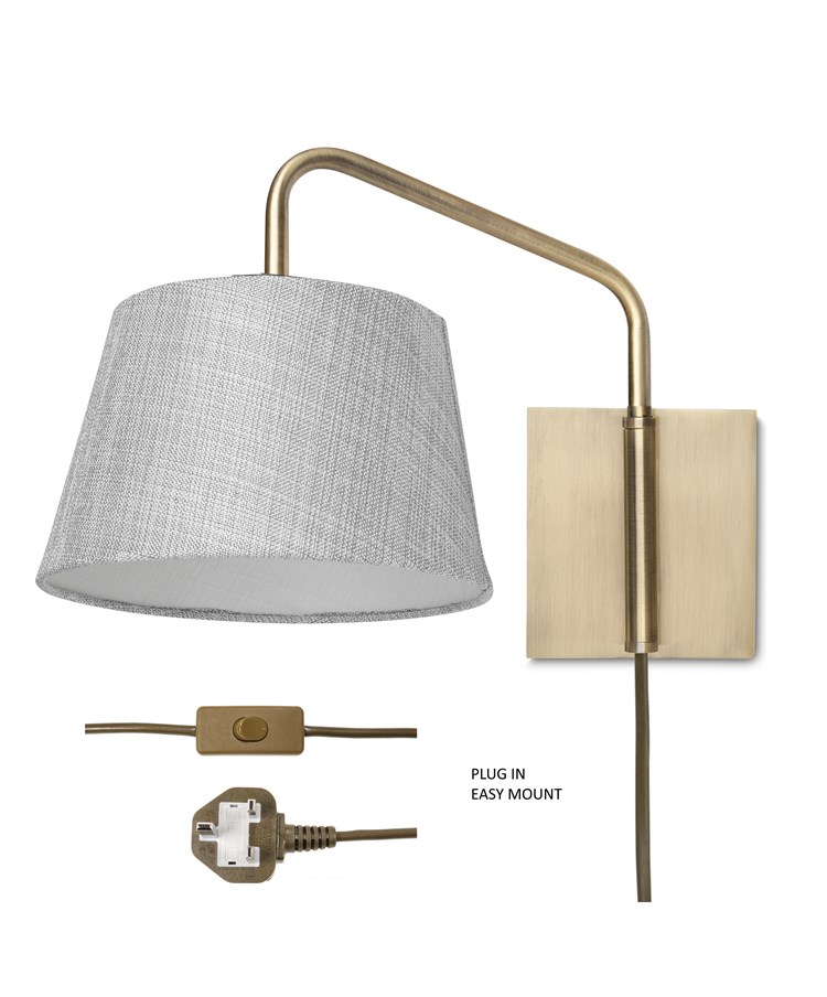 Stratton Antique Brass Swing Arm Plug In Wall Light with Grey Linen Shade Stratton Antique Brass Swing Arm Plug In Wall Light with Grey Linen Shade
