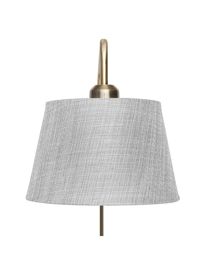 Stratton Antique Brass Swing Arm Plug In Wall Light with Grey Linen Shade Stratton Antique Brass Swing Arm Plug In Wall Light with Grey Linen Shade