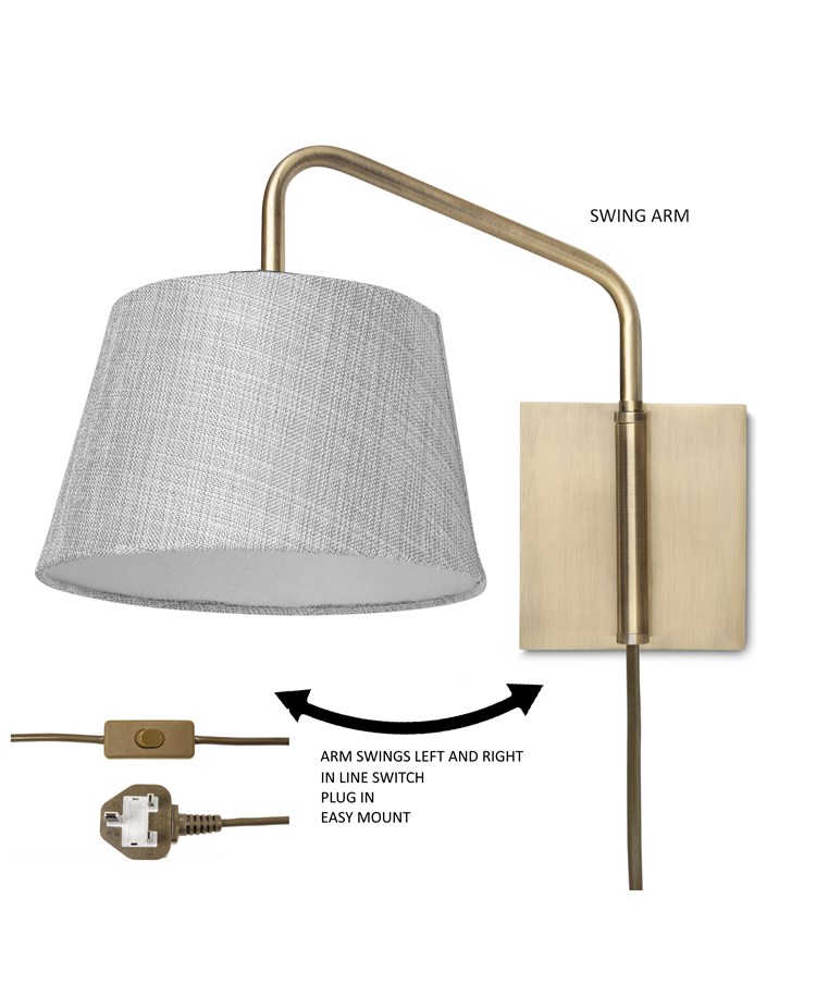 Stratton Antique Brass Swing Arm Plug In Wall Light with Grey Linen Shade Stratton Antique Brass Swing Arm Plug In Wall Light with Grey Linen Shade
