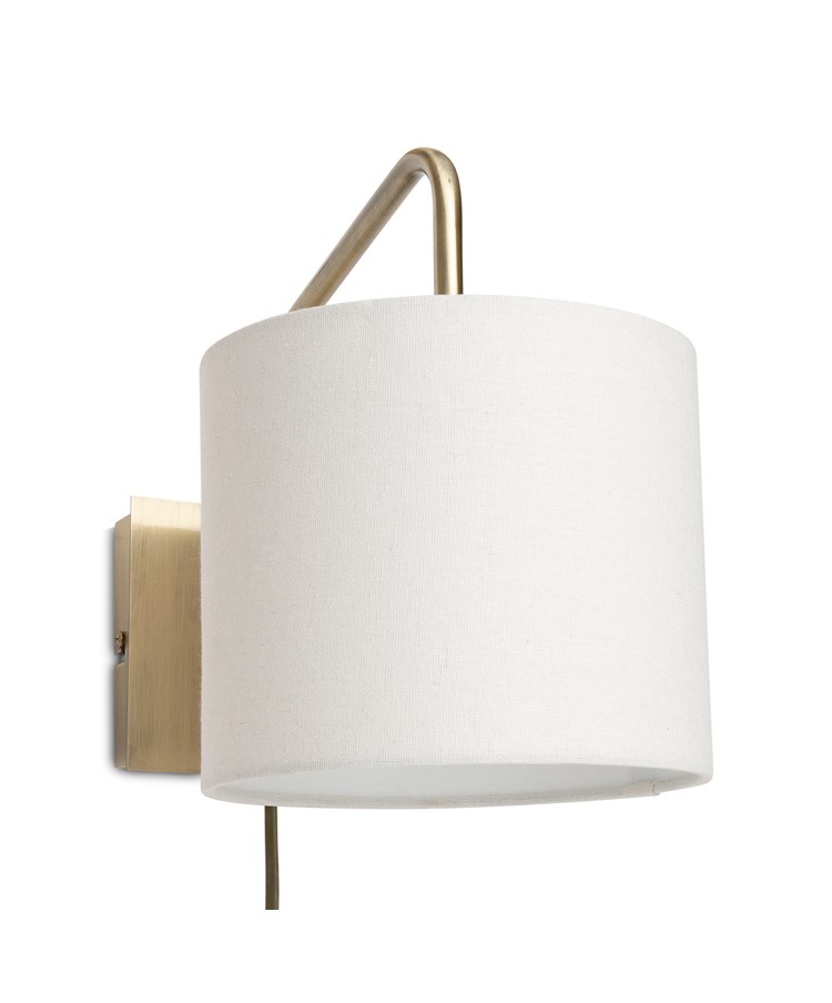 Stratton Antique Brass Swing Arm Plug In Wall Light with Natural Linen Shade Stratton Antique Brass Swing Arm Plug In Wall Light with Natural Linen Shade