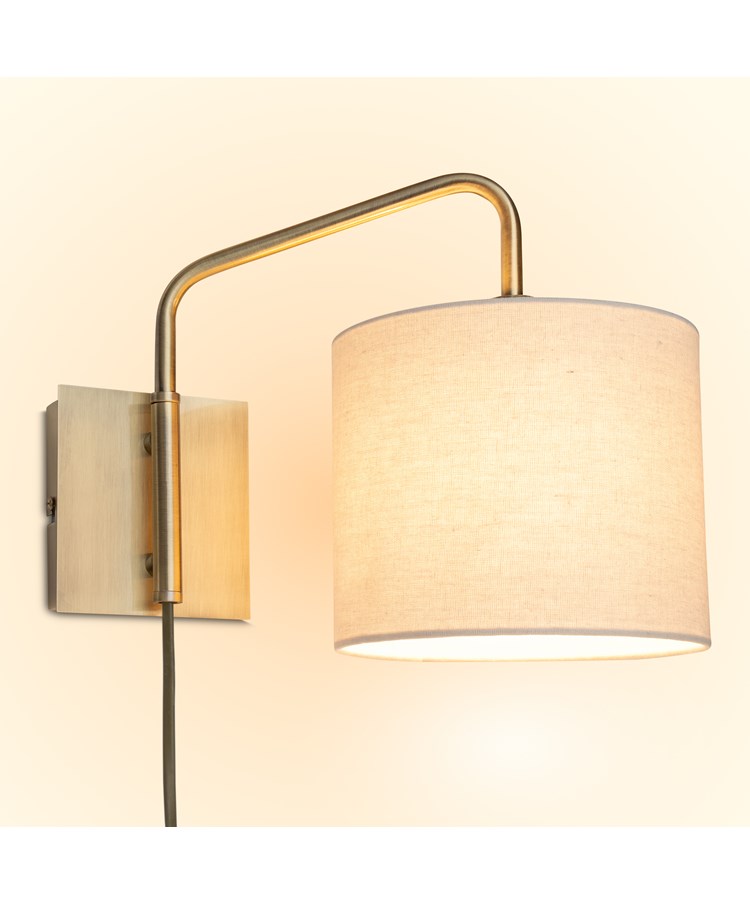 Stratton Antique Brass Swing Arm Plug In Wall Light with Natural Linen Shade Stratton Antique Brass Swing Arm Plug In Wall Light with Natural Linen Shade