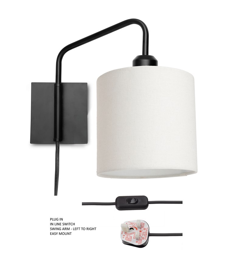 Stratton Matt Black Swing Arm Plug In Wall Light with Natural Linen Shade Stratton Matt Black Swing Arm Plug In Wall Light with Natural Linen Shade