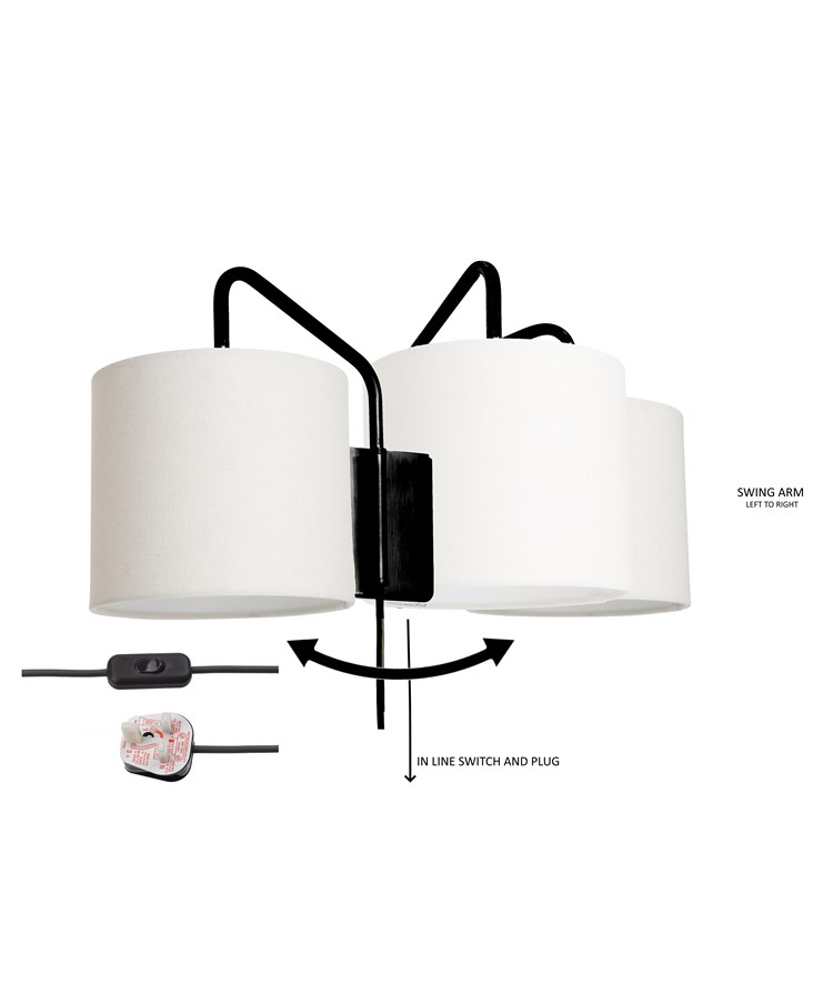 Stratton Matt Black Swing Arm Plug In Wall Light with Natural Linen Shade Stratton Matt Black Swing Arm Plug In Wall Light with Natural Linen Shade