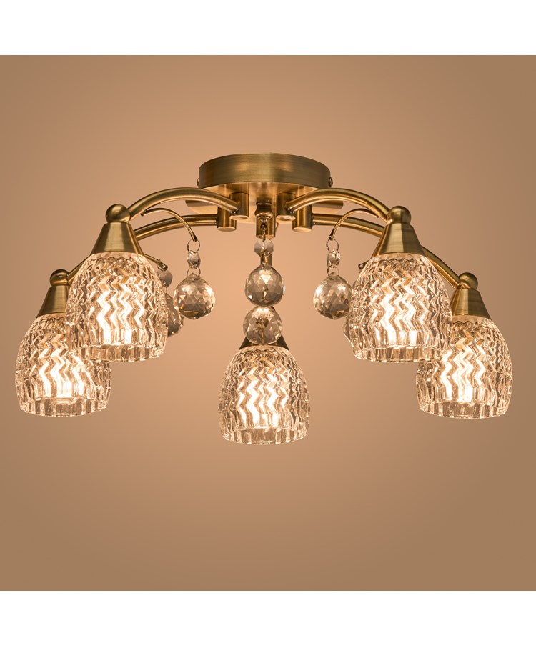 Lismore 5 Light Antique Brass Semi Flush Ceiling Light with Crystal Glass Shades Lismore 5 Light Antique Brass Semi Flush Ceiling Light with Crystal Glass Shades