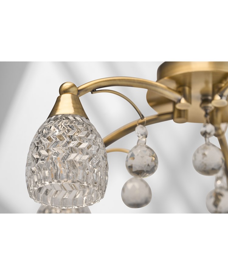 Lismore 5 Light Antique Brass Semi Flush Ceiling Light with Crystal Glass Shades Lismore 5 Light Antique Brass Semi Flush Ceiling Light with Crystal Glass Shades