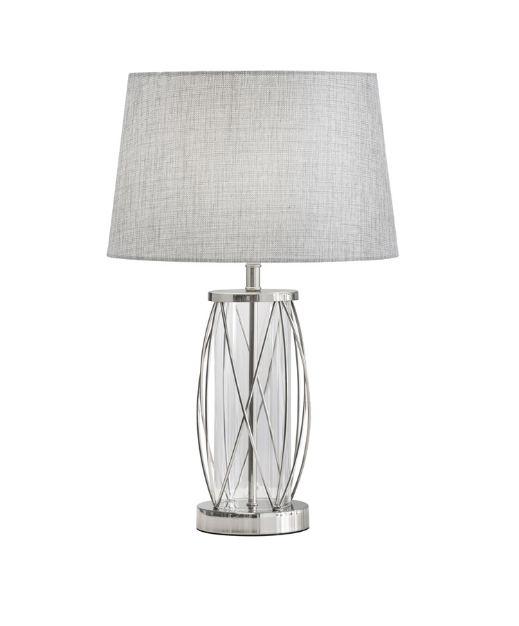 Ashleigh Silver Clear Glass Cylinder Lantern Table Lamp with Grey Linen Shade Ashleigh Silver Clear Glass Cylinder Lantern Table Lamp with Grey Linen Shade
