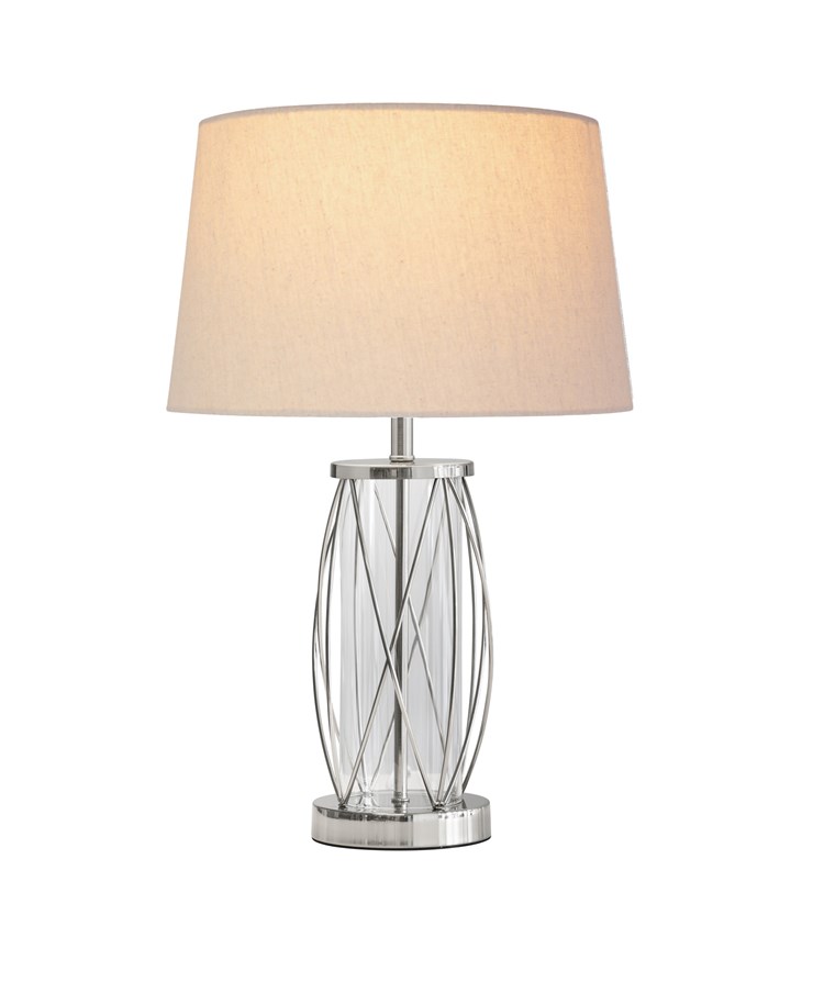 Ashleigh Silver Clear Glass Cylinder Lantern Table Lamp with Natural Linen Shade Ashleigh Silver Clear Glass Cylinder Lantern Table Lamp with Natural Linen Shade