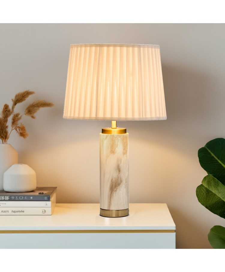 Cylinder Cream Marble Effect Table Lamp with Cream Pleat Shade Cylinder Cream Marble Effect Table Lamp with Cream Pleat Shade