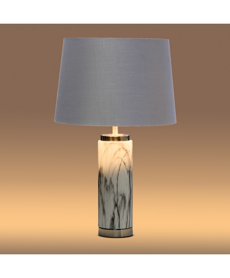 Cylinder Grey Marble Effect Table Lamp with Grey Silver Lined Shade Cylinder Grey Marble Effect Table Lamp with Grey Silver Lined Shade