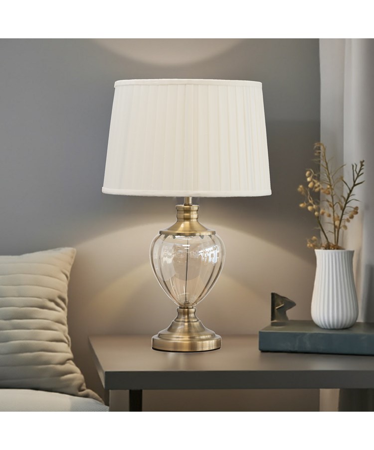 Hepburn Large Amber Glass Antique Brass Table Lamp with Cream Pleat Shade Hepburn Large Amber Glass Antique Brass Table Lamp with Cream Pleat Shade