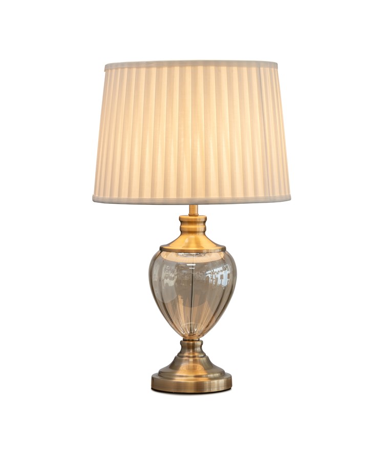 Hepburn Large Amber Glass Antique Brass Table Lamp with Cream Pleat Shade Hepburn Large Amber Glass Antique Brass Table Lamp with Cream Pleat Shade