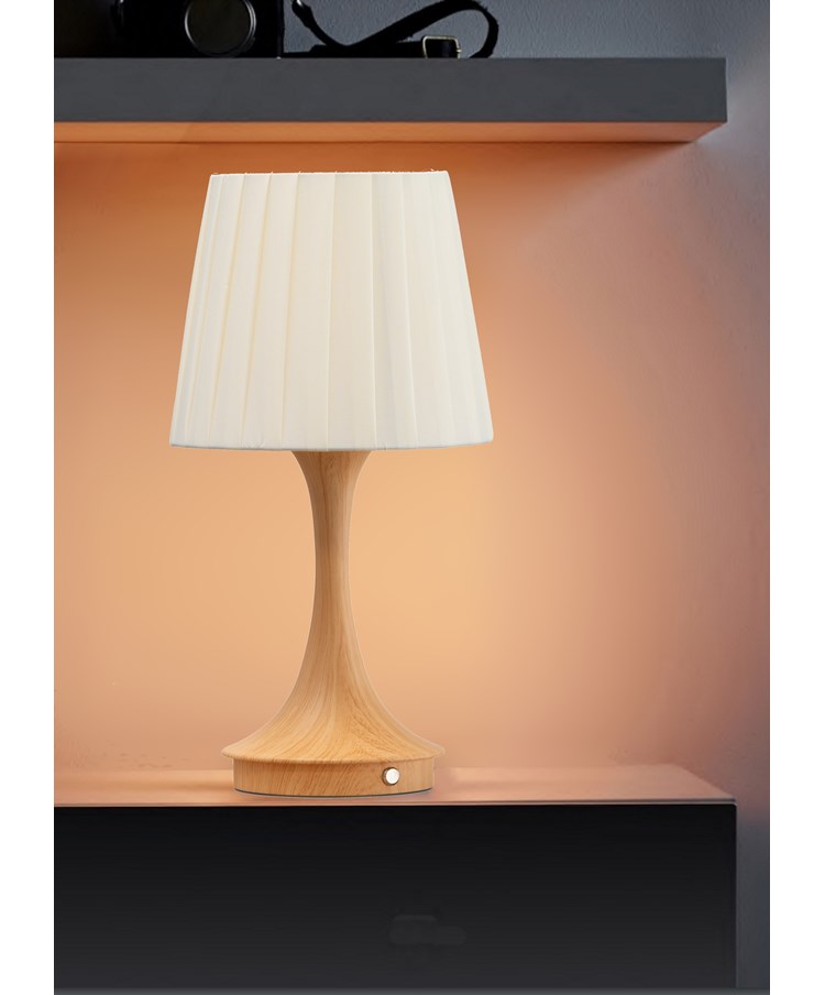 Light Wood Effect Rechargeable Table Lamp with Cream Pleat Shade Light Wood Effect Rechargeable Table Lamp with Cream Pleat Shade