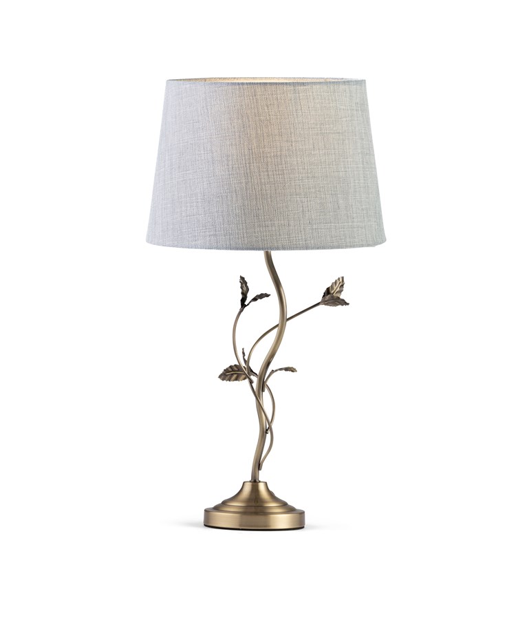 Leaf Antique Brass Table with Grey Linen Shade Leaf Antique Brass Table with Grey Linen Shade