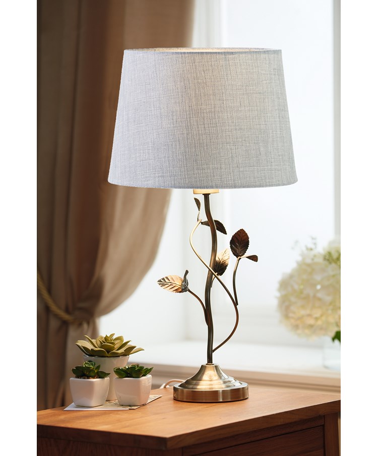 Leaf Antique Brass Table with Grey Linen Shade Leaf Antique Brass Table with Grey Linen Shade