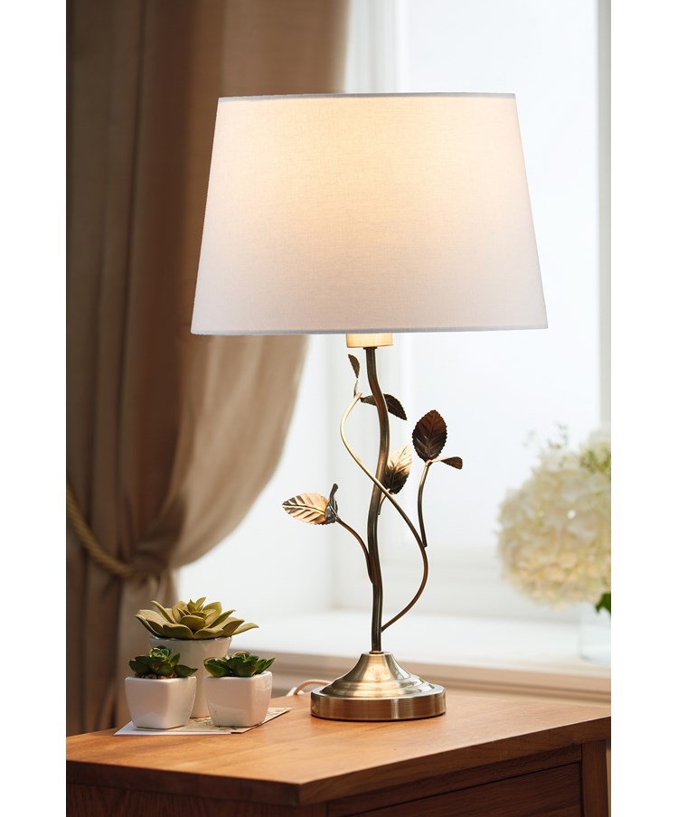 Lead Antique Brass Table Lamp with Ivory Linen Shade Lead Antique Brass Table Lamp with Ivory Linen Shade