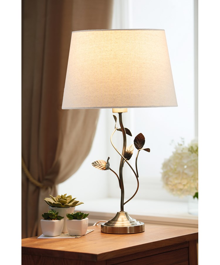 Lead Antique Brass Table Lamp with Natural Linen Shade Lead Antique Brass Table Lamp with Natural Linen Shade