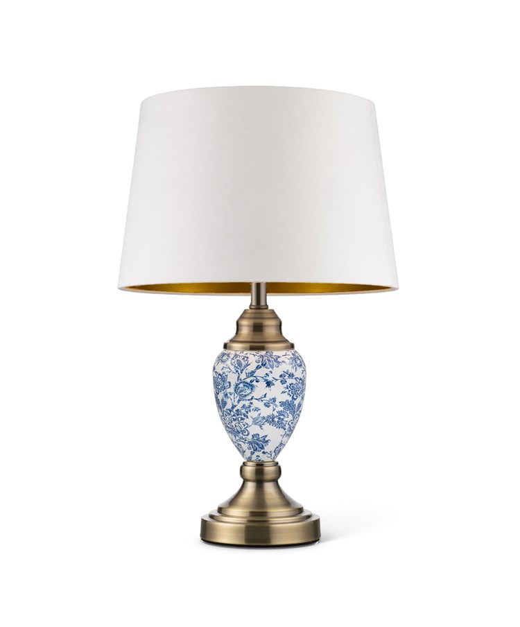 Bailey Small White Table Lamp with Blue Print and Cream Gold Lined Shade Bailey Small White Table Lamp with Blue Print and Cream Gold Lined Shade