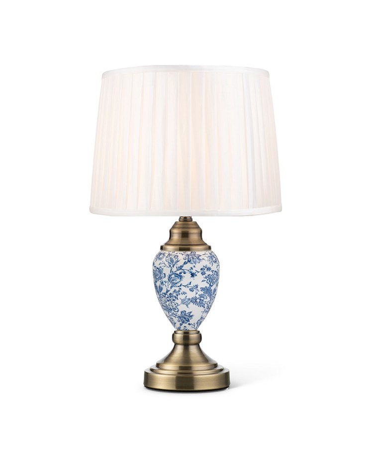 Bailey Small White Table Lamp with Blue Print and Ivory Pleat Shade