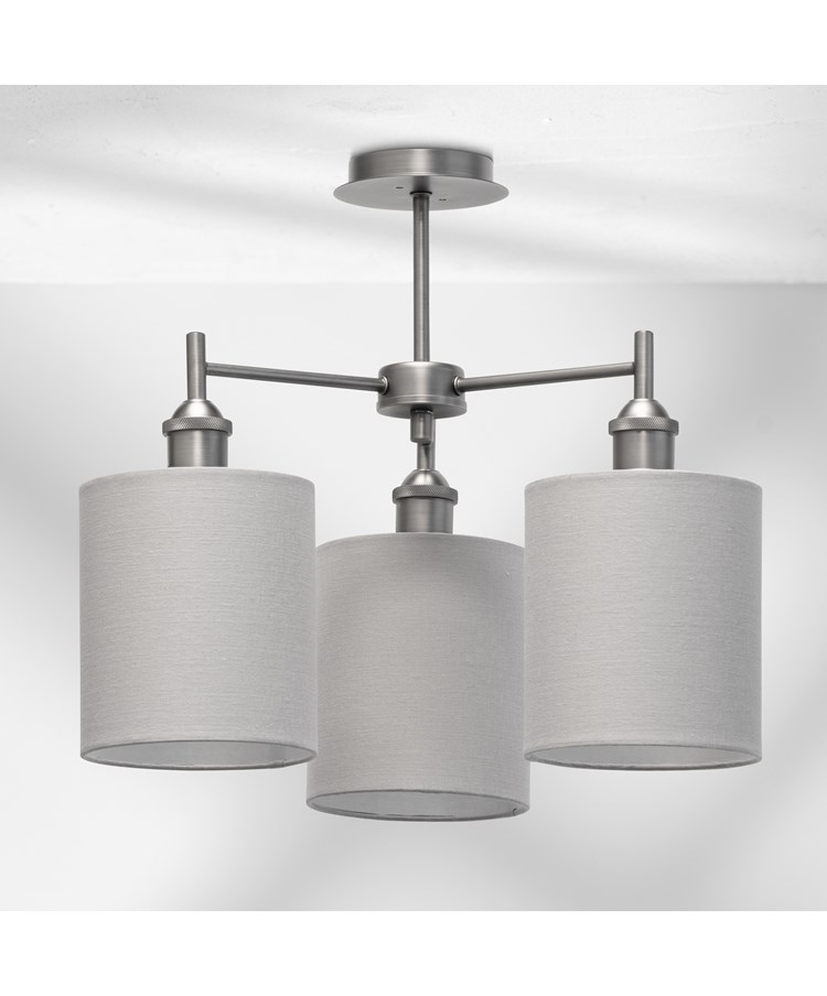 Echo Modern 3 Light Pewter Ceiling Light with Grey Linen Shades Echo Modern 3 Light Pewter Ceiling Light with Grey Linen Shades