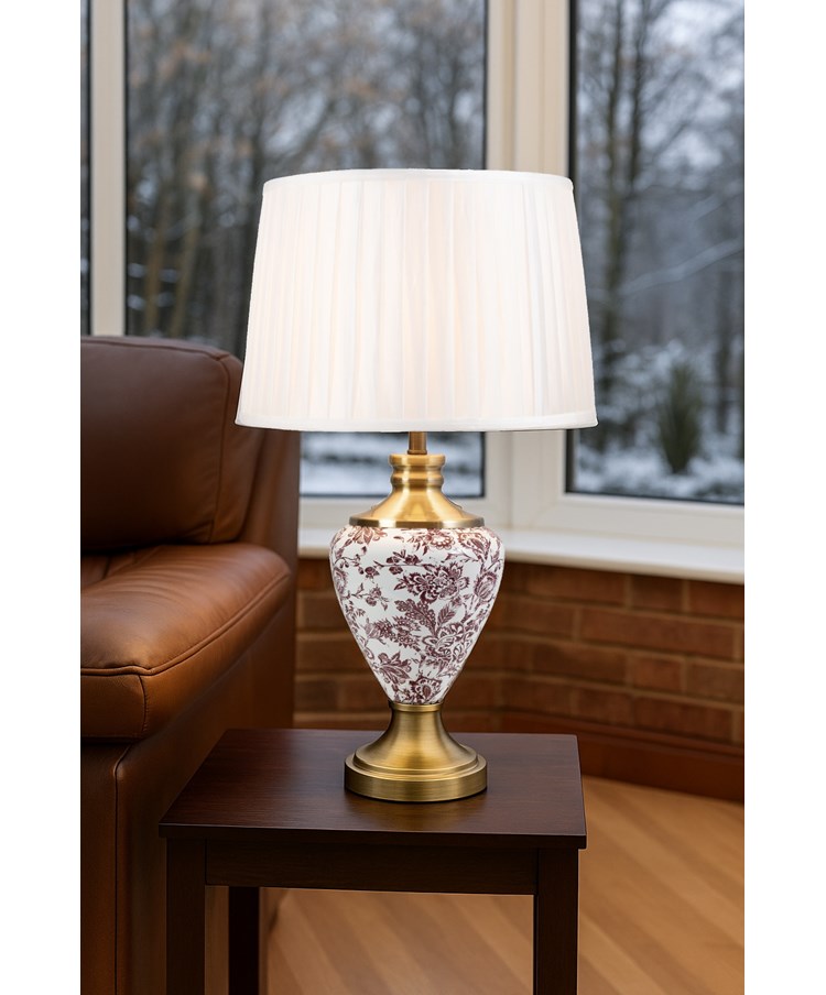 Hepburn Red Printed / Antique Table Lamp with Ivory Pleat Shade Hepburn Red Printed / Antique Table Lamp with Ivory Pleat Shade