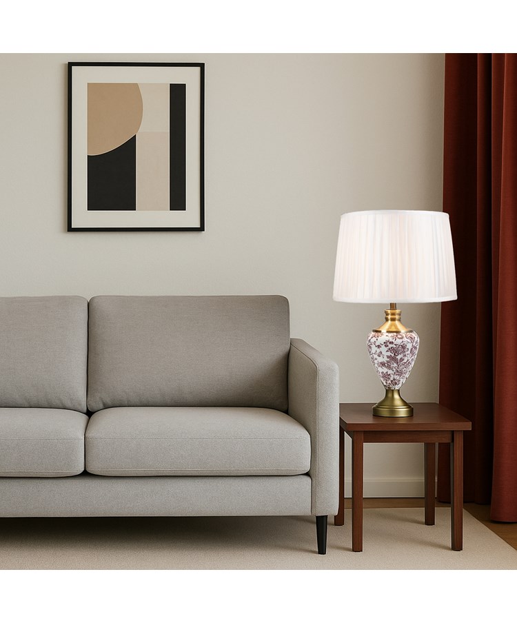 Hepburn Red Printed / Antique Table Lamp with Ivory Pleat Shade Hepburn Red Printed / Antique Table Lamp with Ivory Pleat Shade