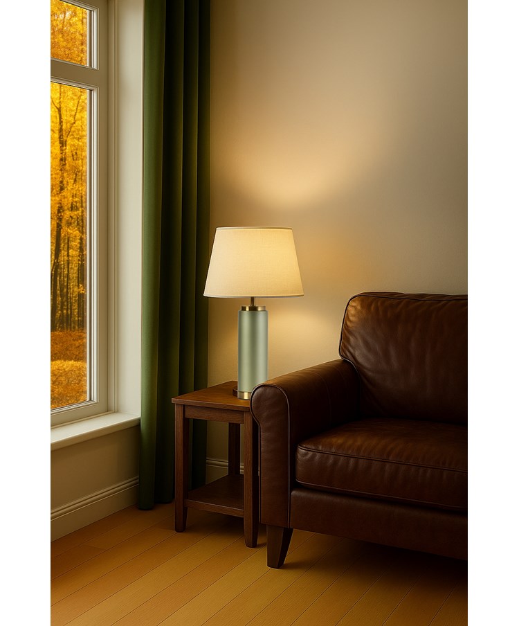 Cylinder Frosted Sage Green / Gold Effect Table Lamp with Natural Shade Cylinder Frosted Sage Green / Gold Effect Table Lamp with Natural Shade